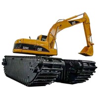 Excavadora Anfibia Usada CAT 320C con Pontón Flotante para Dragado de Ríos y Recuperación de Terrenos Pantanosos