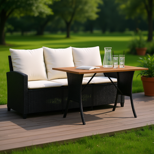 <b>Black</b> Rattan Garden Sofa Set 3 Seater Weather Resistant Outdoor Furniture Elegant Design Teak Wood <b>Frame</b> Garden Use - Product Image 2