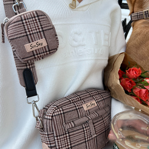 SinSky tas jalan anjing Tweed kustom dengan kantong makanan Pup kotak-kotak tas jalan anjing selempang bundel - Product Image 6