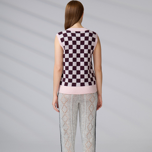 Gilet en tricot à carreaux pour femme, en laine et cachemire de luxe, style color block, col en V, sans manches, style preppy - Product Image 6
