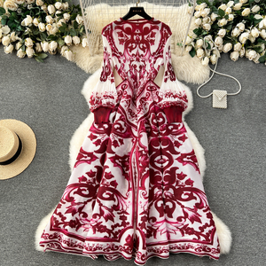 Vestido de Alta Costura con Estampado Majólica para Mujer, Holgado, con Pliegues, Midi, de Noche, con Cuello Redondo, Manga Larga Abullonada - Product Image 3