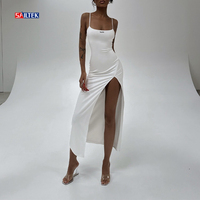 Robe mi-longue pour femmes 2025, grande taille, bretelles spaghetti, robe moulante sexy à bretelles, robe fendue
