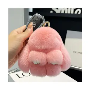 Custom size real rex rabbit fur plush keyrings gift rabbit fur bunny keychain toys natural fur handbag accessory