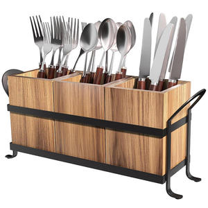Porta Cubiertos de Madera con Soporte Metálico, Organizador de Utensilios de 3 Compartimentos, Moderno y Desmontable - Product Image 2
