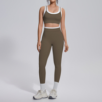 Ensemble de leggings et soutien-gorge de sport pour femmes, color block, 80 % nylon, 20 % élasthanne, taille haute, yoga, fitness, entraînement, tenue deux pièces