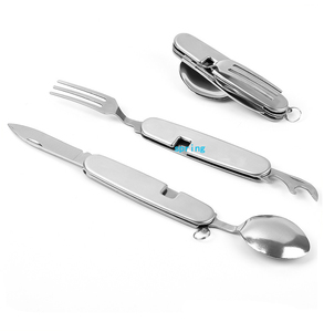 Couteau pliant, cuillère fourchette de Camping multifonction 6 en 1 kit de poches détachables avec étui de transport, fourchette pour le Camping, couverts en acier inoxydable - Product Image 1