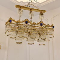Lustre rectangulaire en cristal de luxe européen avec cadre en métal doré et pierres bleues, source de lumière LED 2700K pour salle à manger, villa