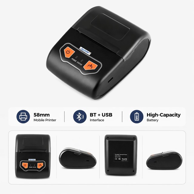 Xprinter P502A Thermal Receipt Printer with 203dpi Resolution, 58mm Portable Bluetooth Printer for Express Logistics Retail