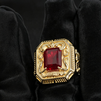 Bijoux fins, bague en argent S925 plaquée or 14 carats, rubis, style vintage, rectangle sculpté, pierre précieuse rouge, bague large en rubis pour homme