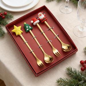 Cuchara y Tenedor Navideños de Acero Inoxidable con Diseño de Reno y Santa Claus, Cuchara para Postre Festiva con Diseño de Árbol de Navidad - Product Image 1