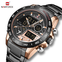 Jam Tangan Naviforce 9171 RGBB Stainless Steel LCD Pria Quartz dengan Tali Paduan Hitam Jam Tangan Mewah untuk Bisnis Pria