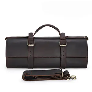 Vintage Top Layer Cowhide Leather Bag Roll Up Toolkit Bag Knife Bag For Cook