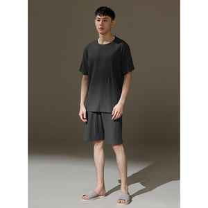<span class=keywords><strong>Pijama</strong></span> de algodón de verano gris oscuro para <span class=keywords><strong>hombre</strong></span>, cuello redondo, manga corta, ropa de casa suelta a rayas, <span class=keywords><strong>tela</strong></span> de punto - Product Image 5