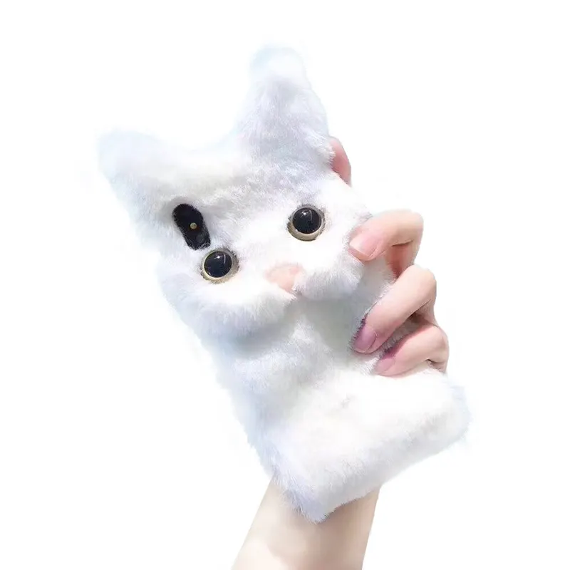 Black White Girls 3D Fluffy Furry Plush Fur Cat Phone Cases for iPhone 11 Pro XR XS Max