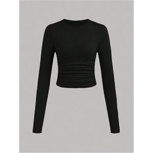 T-shirt court à manches longues froncé pour filles, col rond, coupe ajustée, blanc, décontracté - Product Image 4