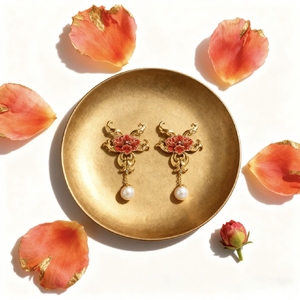 [งานแสดงเครื่องประดับนานาชาติฮ่องกง]ต่างหูดีไซน์ดอกโบตั๋นเคลือบทองประดับทับทิมและมรกตสำหรับสไตล์นีโอไชนีส - Product Image 3