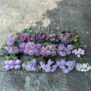 ดอกไม้ปลอมสีม่วงชุดตกแต่งงานแต่งงาน,ดอกไฮเดรนเยียดอกไม้ประดิษฐ์ไลแลคดอกโบตั๋นดอกกุหลาบขายส่ง