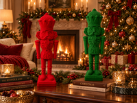 Ensemble de 2 figurines de soldats casse-noisettes en plastique floqué, décoration de Noël en velours, rouge et vert, peintes à la main, décoration de maison pour les fêtes