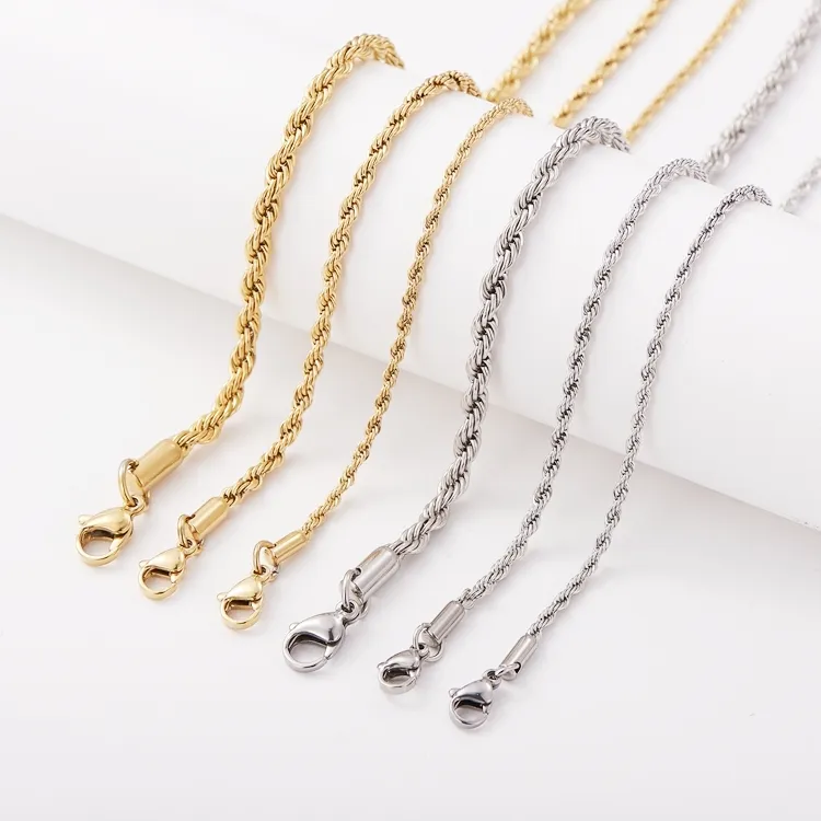 Wholesale Custom 14k 18k Gold Plated Filled Chain Necklace Bulk Stainless Steel Twisted Gold Rope Chain for Men Jewelry Making