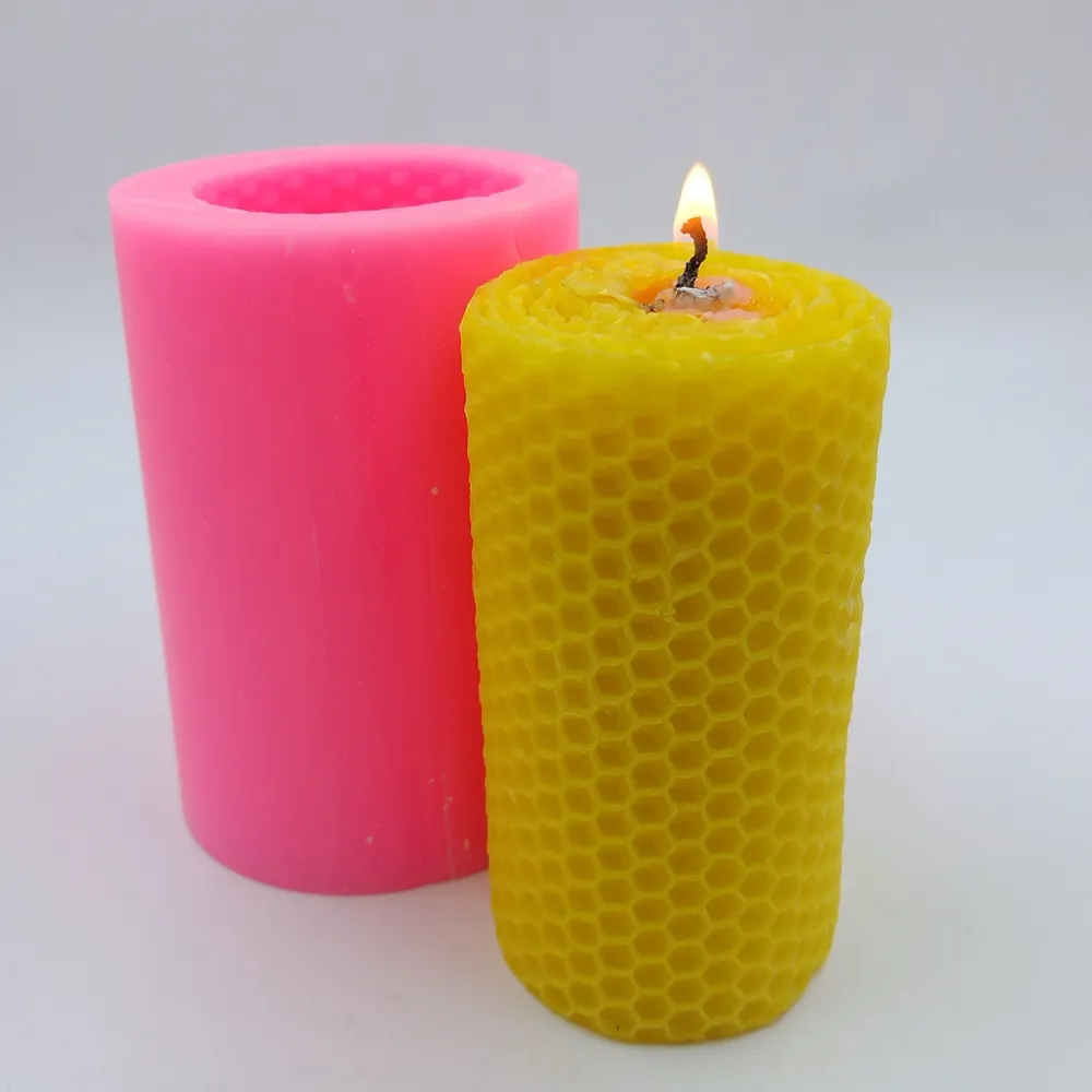 Nid d'abeille pilier bougie moule cire d'abeille Silicone moules 3D cylindre Silicone moule pour bougies artisanales cire décorations