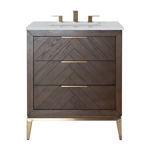 Mueble de Baño Moderno de Madera con Diseño Chevron de 30 Pulgadas, Base de Metal Dorado y <span class=keywords><strong>Encimera</strong></span> de Cuarzo Blanco - Product Image 2