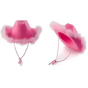 Topi koboi merah muda mode untuk wanita topi wanita perempuan pesta pernikahan Festival Halloween topi Fedora gulung topi koboi pantai tepi bulu
