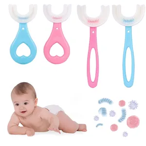 Gran oferta, Juego de cepillos de dientes de entrenamiento para bebés, cepillo de dientes portátil de silicona para bebés, cepillo de dientes duradero en forma de U para bebés, cepillo de silicona suave 360