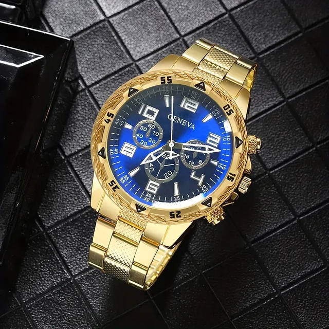 LP58 Best Selling Men's Golden Quartz Watch with Steel Band Light Dial Large 40mm Diameter Foreign Trade Fashion Business Style