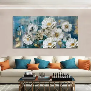 Flower Oil painting Wall Art Hand-painted white elegant modern painting Gold leaf painting turquoise artwork Living room bedroom