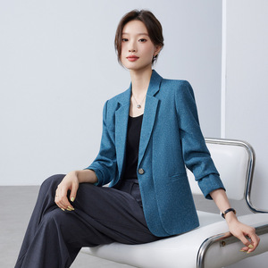Women's Blue Wool Blazer Solid Color Anti-Wrinkle Casual Commuter Style Top - Product Image 4