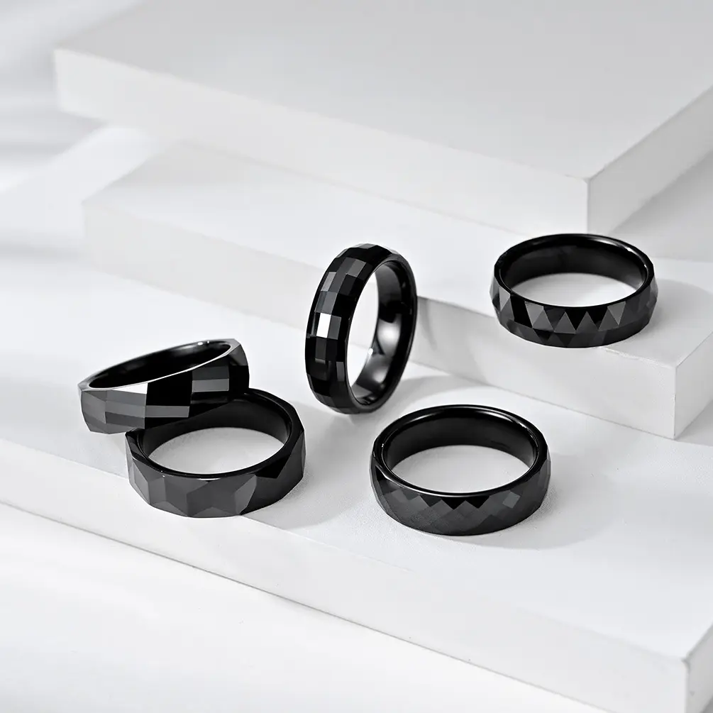 Wedding Rings Real U Jewelry Custom Ceramic Jewelry Rings Wholesale Diamond Cut Texture Black Ceramic Wedding Band Ring For Men 2022