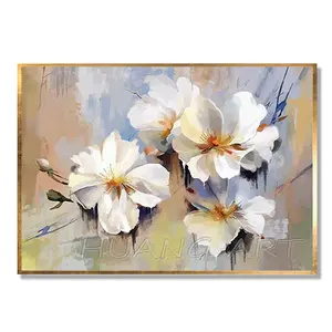 Professional Hand-painted White Flower Oil Painting on Canvas Modern Blooming Flowers Oil Painting for Living Room Decor Art