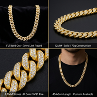 Cadena Cubana de Moissanita VVS1 de 12mm Color D, Chapada en Nano Plata Sólida S925, Estilo Hip Hop, Collar Iced Out para Hombre