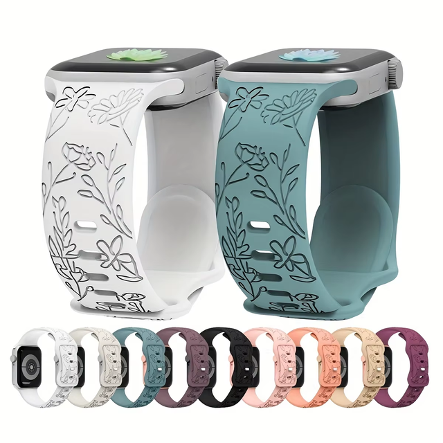 Floral Engraved Bands Compatible for Apple Watch Band 40mm 41mm 38mm 42mm 44mm 45mm 49mm Cute Wildflowers Sport Laser Strap
