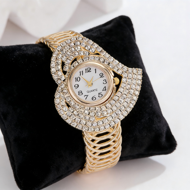 LP50 Exquisite Rhinestone Quartz Watches for Women Golden Casual and Fashionable Style Alloy Band Wristwatch Wholesale Low Price