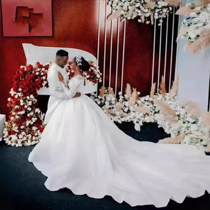 Wedding Dress Long Sleeve V-Neck Tie-Waist Beaded <b>Lace</b> Ball Gown Pure <b>White</b> Ivory <b>White</b> Polyester Fiber Bridal Dress - Product Image 3