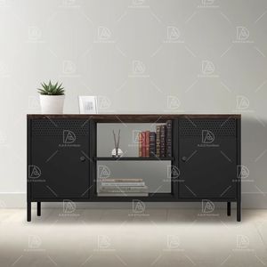 Soporte de <span class=keywords><strong>TV</strong></span> moderno negro, mesa de centro, armario de almacenamiento de 3 puertas de lujo con tapa de madera de acero para el hogar, sala de estar o dormitorio escolar - Product Image 5