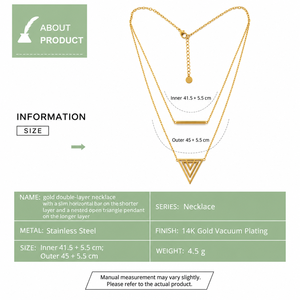 Collier double couche en or, acier inoxydable plaqué or 14 carats sous vide, pendentif barre triangulaire, chaîne - Product Image 2