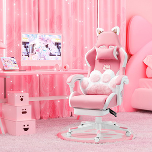 Chaise de jeu ergonomique rose et blanche avec oreilles de chat, pivotante et réglable, avec repose-pieds et coussin lombaire - Product Image 1