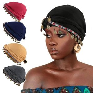Nouvel Arrivage – Bonnets pour Femmes à Haute Élasticité, Style Décontracté, avec Motif Pièce d'Or et Pompons, Tendance Ethnique, Doublure en Satin - Product Image 1