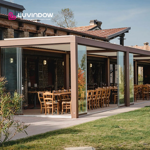 Modern açık elektrikli <span class=keywords><strong>Pergola</strong></span> panjur çatı su geçirmez alüminyum alaşımlı çerçeve yatay açılış desen manyetik ekran özelliği - Product Image 3