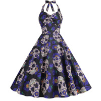 Robe Femme Swing Skull Print Scarey Halloween Costumes Midi Vestidos Sexy Halter Strapless Gothic Retro Rave Party Dresses