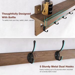 Coat <b>Hooks</b> with Shelf <b>Wall</b>-Mounted, Walnut Color Entryway Coat <b>Rack</b> for <b>Wall</b>, Bamboo Coat <b>Rack</b> with Shelf 5 <b>Hooks</b> - Product Image 2