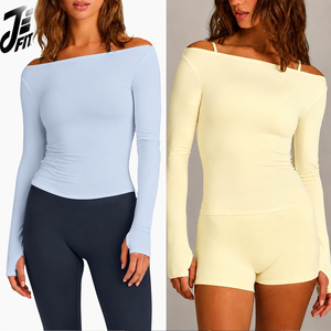 Camiseta de Yoga Feminina de Manga Longa Off-Shoulder, Ajustada, de Secagem Rápida, em Poliamida, para Treinamento de Pilates e Fitness - Product Image 1