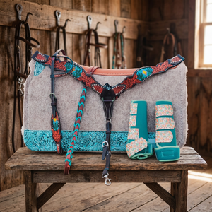 Ensemble d'équipement équestre en cuir véritable turquoise à motifs cactus, comprenant une têtière, une selle de poitrine et une selle anglaise, style Western saisonnier - Product Image 2