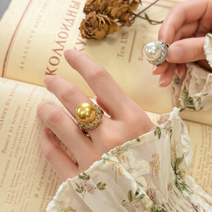 2026 New Trendy Jewelry Eco-friendly Copper Vintage Gold Plated 14mm Pearl Shell Open <b>Adjustable</b> <b>Ring</b> for Versatile - Product Image 2