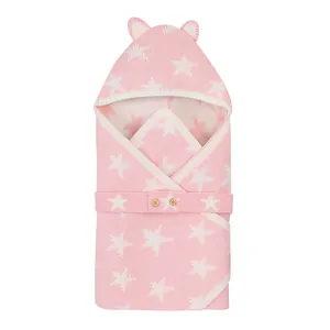 mimixiong OEM Animal Ears Hooded Stars Pattern Baby Kids Towel Swaddle Baby Thick Knitted Comforter Blankets Sleeping Bag