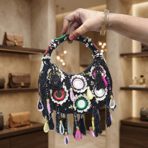 Luxury Handmade Bag Embroidery Boho <b>mirror</b> work black <b>beaded</b> bag features intricate handcrafted beadwork and decorative tassel - Product Image 2