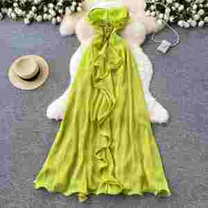 Vestido Midi Casual de Verano 2025 para Mujer, Sexy, sin Tirantes, con Abertura Asimétrica, Estilo Túnica, Ajustado, con Volantes y Encaje - Product Image 4