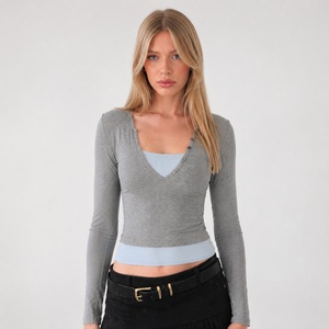 Camiseta de Manga Larga con Cuello en V, Transpirable y Acanalada, para Mujer, con Botones al Frente, Corte Ajustado, Diseño de Bloques de Color, para Otoño e Invierno - Product Image 1